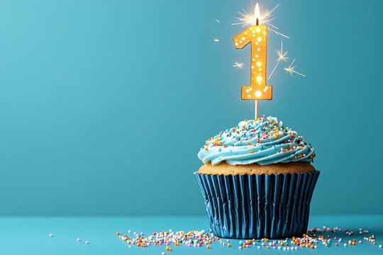 A Bright, Festive First Birthday Cupcake Surrounded by Colorful Sprinkles and a Sparkling Number One Candle on a Vibrant Blue Background