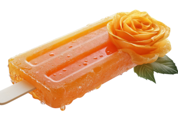 Delicious orange popsicle with rose decoration and water droplets for a refreshing summer treat