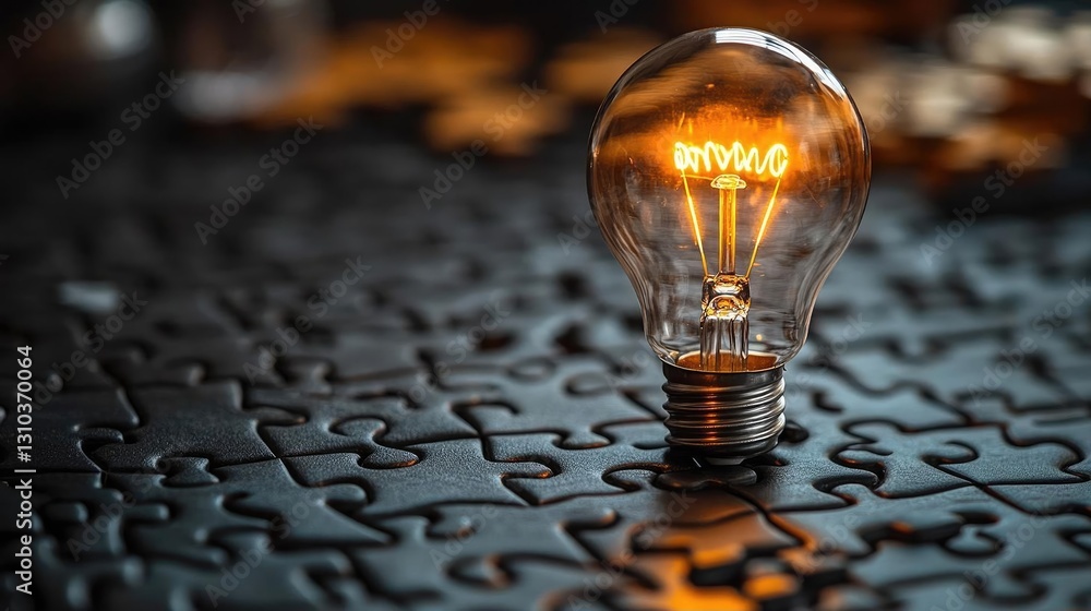Poster a glowing light bulb illuminating a dark puzzle background, symbolizing creativity and problem-solvi