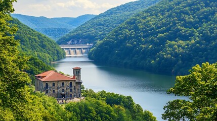Fototapeta premium Scenic dam and lake nestled in mountains