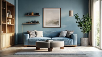 Serene Living Room Interior Design, Blue Walls, Wooden Accents, and Cozy Atmosphere