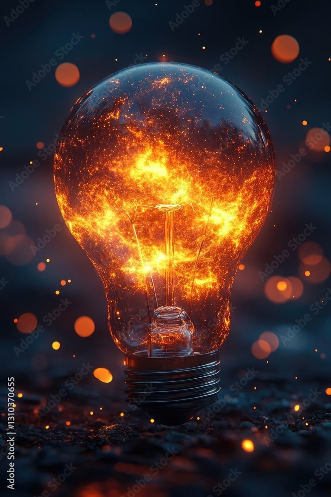 Poster illuminated light bulb with fiery glow, surrounded by glowing particles in a dark setting