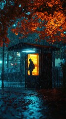 Nighttime vignette, a solitary figure in silhouette at a glowing bus stop, framed by cascading rain and luminescent autumn foliage