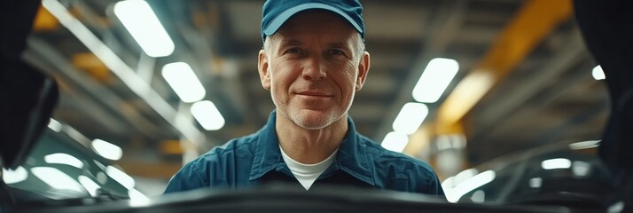 Smiling Senior Male Mechanic in Blue Uniform and Cap Working on Car at Modern Automotive Workshop with Bright Lights and Clean Environment
