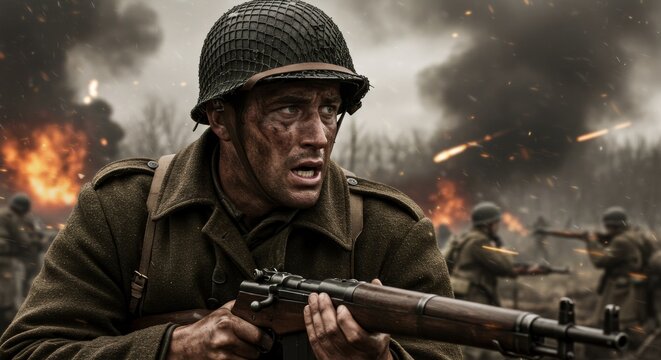 African american soldier in World War II battle scene. Intense combat with explosions and gunfire. Historical war movie still or reenactment for Memorial Day or Veterans Day