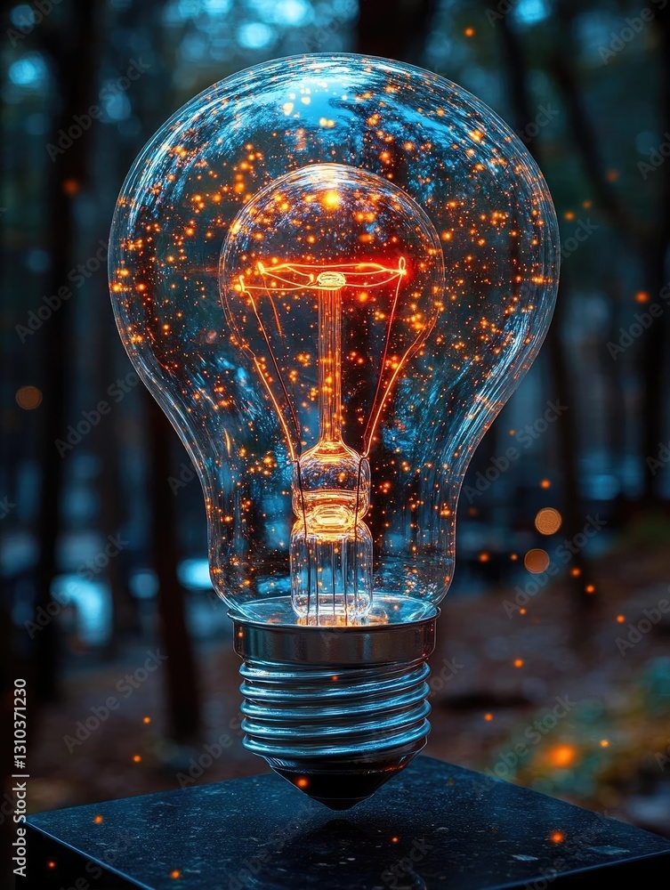 Poster a glowing light bulb filled with sparkling particles, set against a blurred forest background