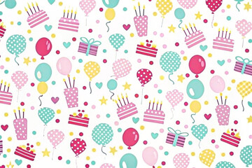 Festive birthday party seamless pattern with cakes, balloons, gifts, and confetti on white background.