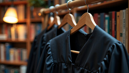 Naklejka premium Graduation robes hanging in library