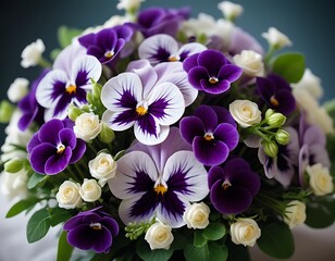 Lush bouquet of lilac and purple pansies with small white roses, close-up