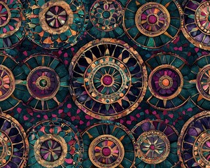 Circular and angular mosaic patterns in rich emerald, ruby, and sapphire tones, intricately detailed and seamless for digital fabric prints