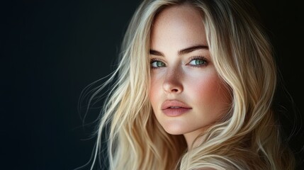 Naklejka premium Close Up Portrait Of Young Woman With Blond Hair And Green Eyes