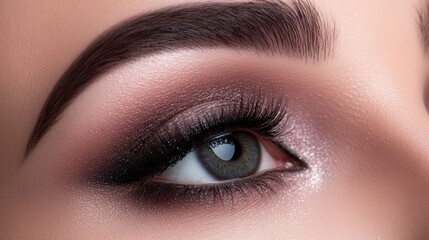Obraz premium Close Up Smoky Eye Makeup Gray Eyes Shimmer Pink Brown Eyeshadows
