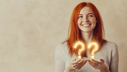 Red haired woman holding glowing question marks