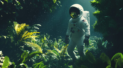 Fototapeta premium Astronaut adventuring through lush alien jungle foliage on distant, uncharted planet, exploration, astronaut, vegetation. Uncharted - Island. Illustration