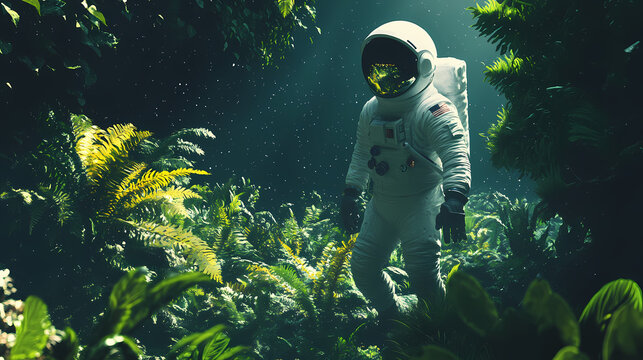 Astronaut adventuring through lush alien jungle foliage on distant, uncharted planet, exploration, astronaut, vegetation. Uncharted - Island. Illustration