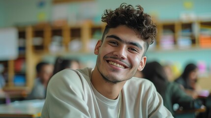 Fototapeta premium A smiling young man with curly hair in a classroom setting.