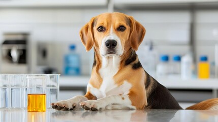 World Day For Animals In Laboratories a beagle sitting in a cold, sterile lab environment, anti-animal testing awareness, hyper-realistic, isolated on white background