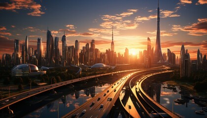 A busy multi-lane highway system with flowing traffic