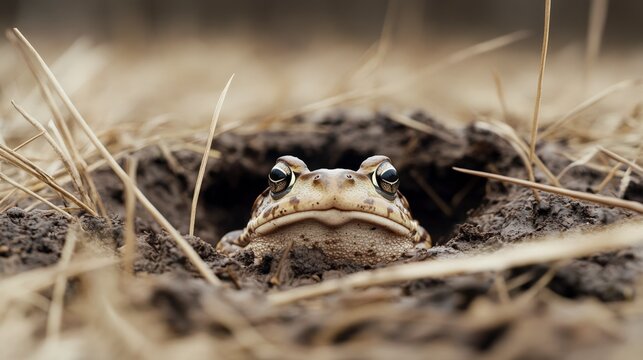 A frog peeking out of a muddy hole in the grass.