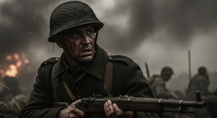 Obraz premium Soldier on battlefield during World War II. Man in military uniform holding rifle. Dramatic scene of combat with explosions. Patriot's Day, Memorial Day concept.