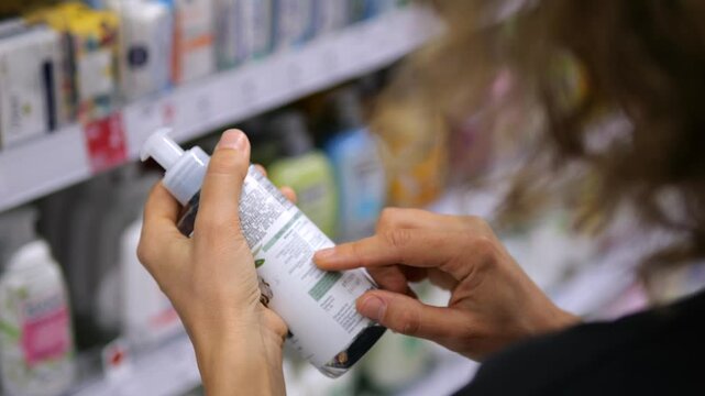 Carefully examining cosmetic bottle label, checking ingredients while shopping in pharmacy, focusing on product details before buying. Concept of consumption of female cosmetics