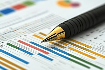 Detailed Overview of a Business Report with Analytical Graphs and a Black Ballpoint Pen Resting on Colorful Data Sheets
