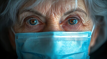 An elderly person's eyes are visible through a surgical mask 