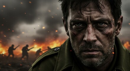 Obraz premium Gritty portrait of battle-worn soldier with intense gaze. War scene background with fire and soldiers. Concept of conflict, heroism, and sacrifice. Remembrance Day art.