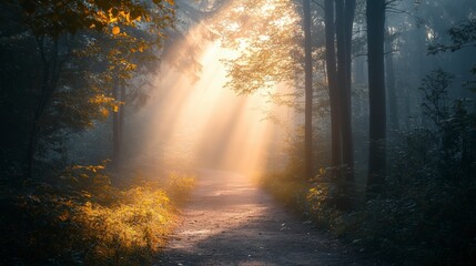 Obraz premium Misty Forest Path With Golden Sunbeams (Image) and Description for