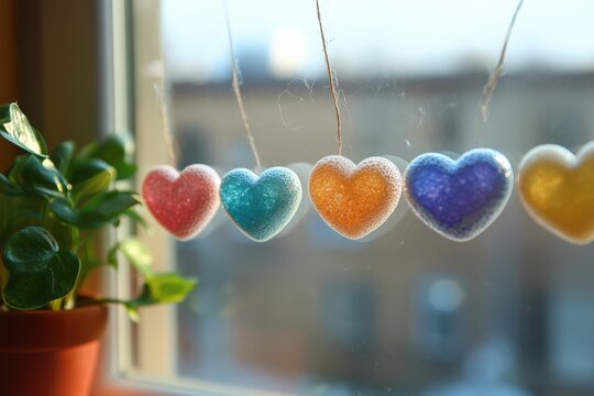Colorful Heart-Shaped Ornaments Hanging by a Window with Sunny Background and Potted Plant, Capturing the Joyful Essence of Home Decor and Personal Craftsmanship