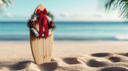 Elegant sale design featuring sandy footprints leading to a decorated holiday surfboard, bright festive colors highlighting discounts, beach holiday theme