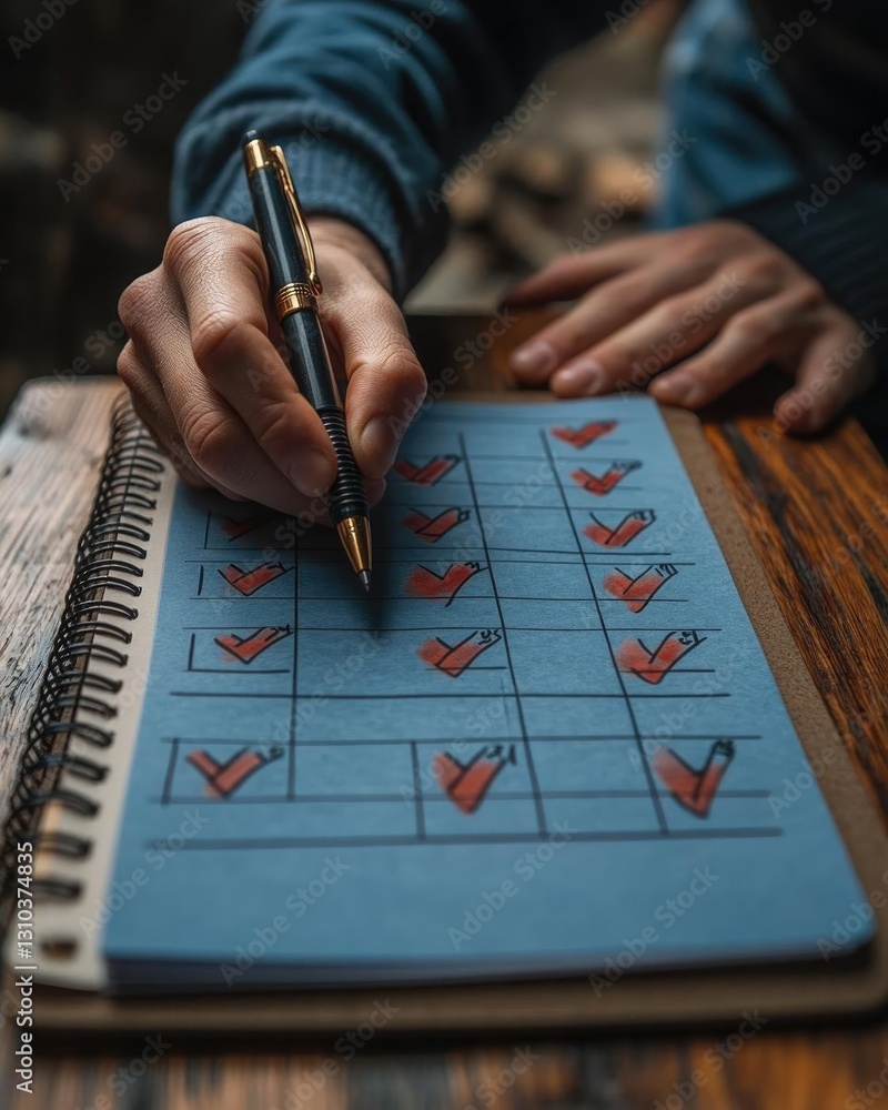 Poster person marking checkboxes on a notepad while seated at a wooden table in a cozy setting