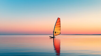 Windsurfer gliding smoothly on calm waters, reflecting the warm hues of a breathtaking sunrise
