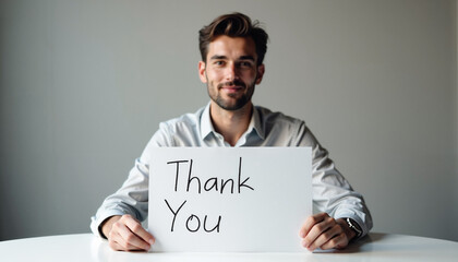 Man expressing gratitude holding "Thank You" sign in minimalist setting