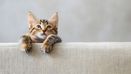 Obraz premium Adorable Tabby Kitten Peeking Over Furniture