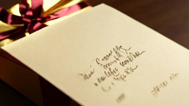 Gift box adorned with burgundy ribbon and handwritten note on creamy card resting on a wooden table