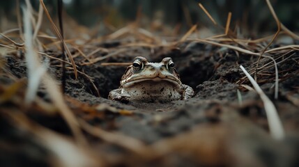 A frog with large, round eyes sits in a muddy pit surrounded