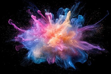 Fototapeta premium A vibrant powder cloud bursts with color against a dark backdrop.