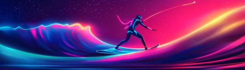 Obraz premium Windsurfer surrounded by glowing neon waves, futuristic cyberpunk sports theme