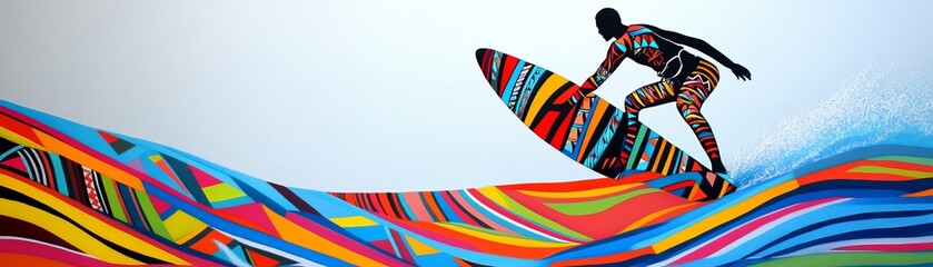 Obraz premium Windsurfer painted in vivid tribal patterns, merging with the motion of the sea, cultural and artistic fusion