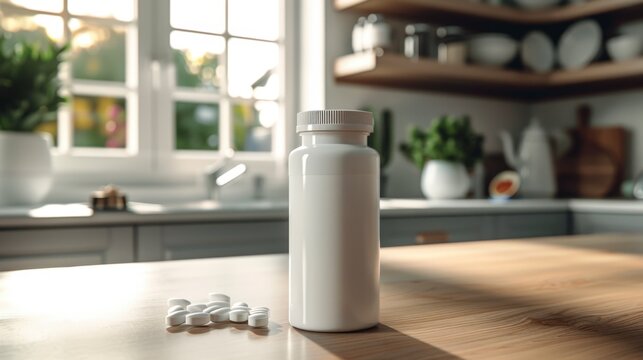 A white pill bottle with a white cap sits on a wooden table