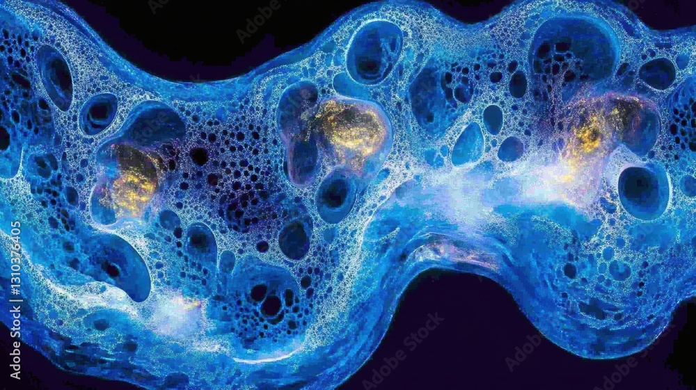 Poster a close-up view of a cell phone displaying a vibrant blue substance on its screen.