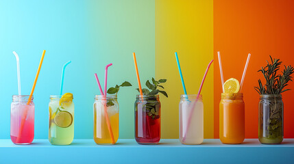 Fototapeta premium Beautiful drinks in Mason jars with berries and fruits with straws on a bright multi-colored background