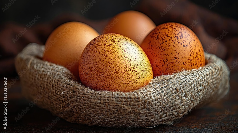 Poster a close-up view of four beautifully speckled eggs in a rustic burlap nest on a dark surface