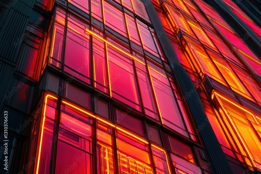 Poster a building features brightly lit windows and a prominent clock on its side.