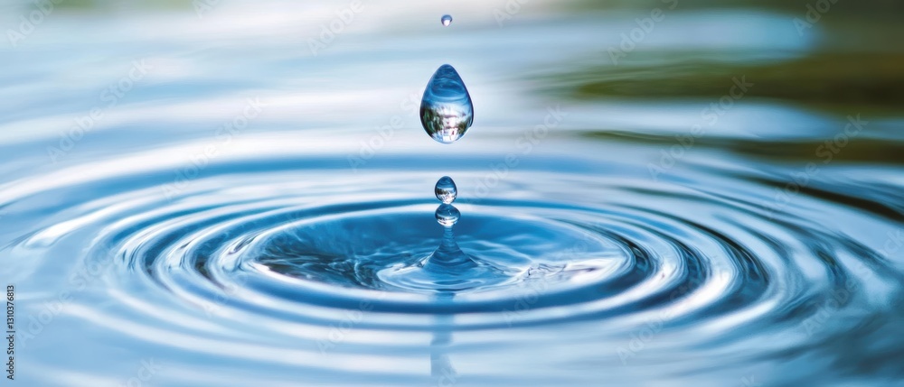 Poster a close-up view of a water droplet creating ripples in a tranquil pool.