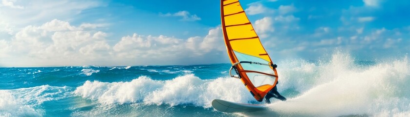 Naklejka premium Double exposure of a windsurfer in motion blended with crashing waves, artistic conceptual shot