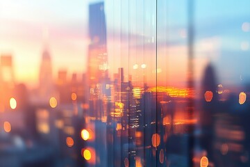 Obraz premium Blurred city skyline during sunset, showcasing vibrant colors and urban silhouettes.