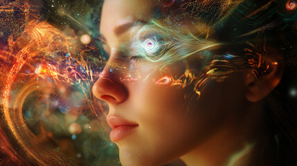 A woman with an ethereal third eye projection, sending waves of thought energy.