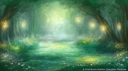 Obraz premium Magical path, fairy lights glow, through enchanted forest scene with ethereal, misty background
